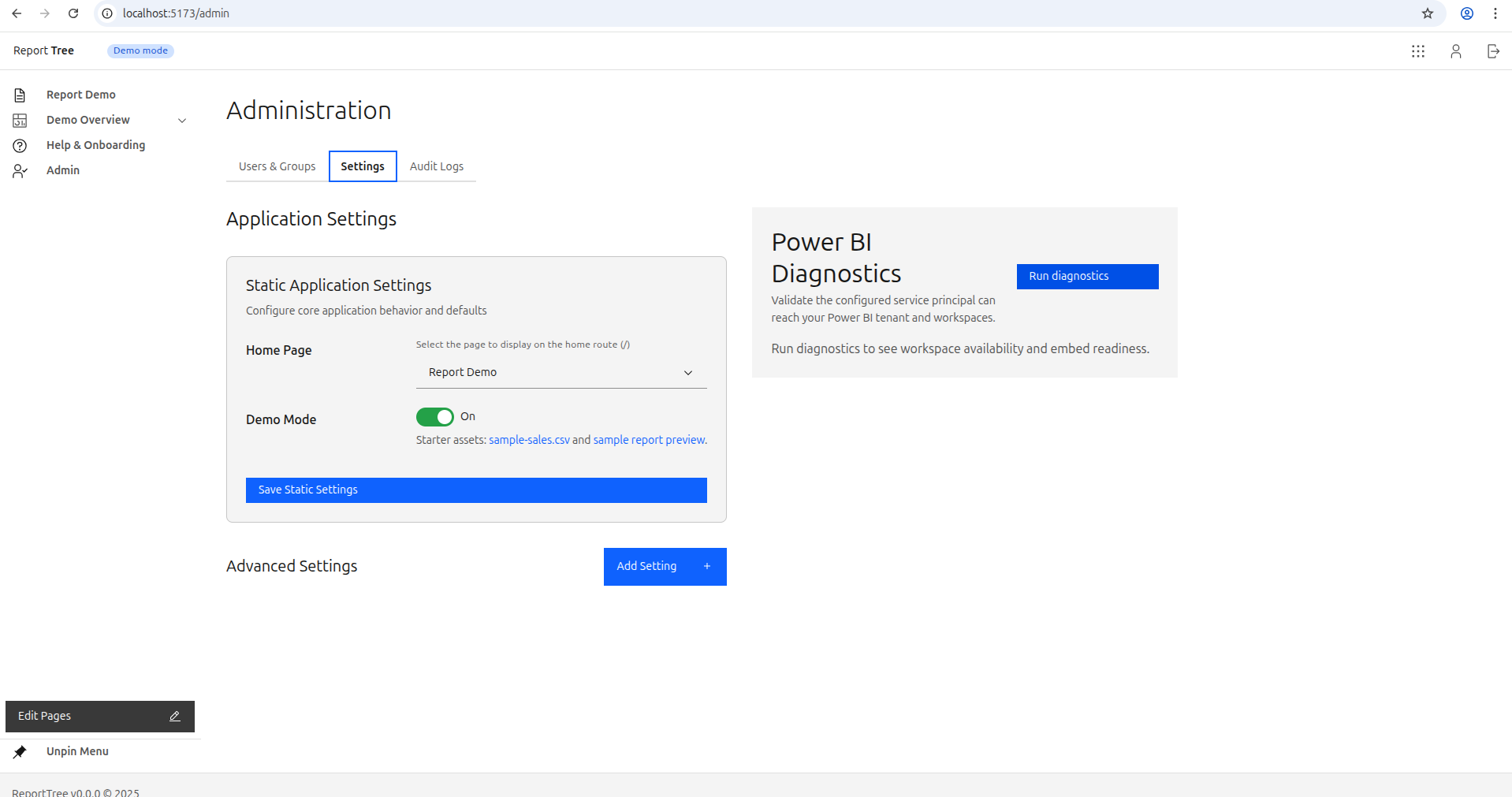 PBIHoster Admin Page Tree Screenshot